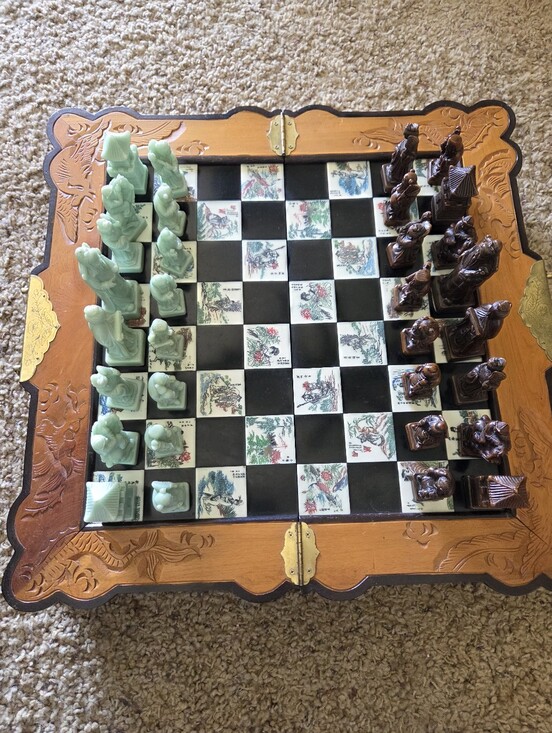 Other - Vintage Chinese Hand Carved Jade Soapstone Chess Set Folding Wooden Case